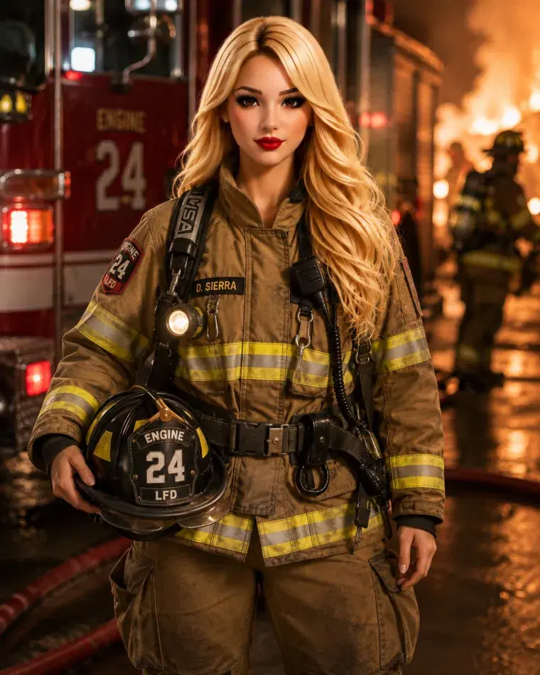 Sierra in firefighter turnout gear holding a helmet