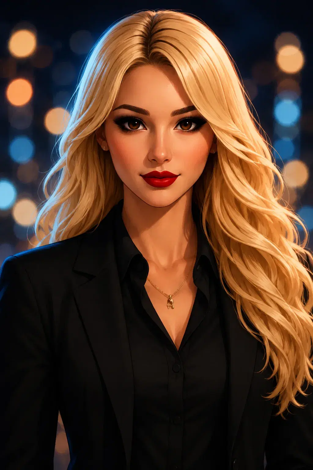 Sierra in a black suit at night, city lights behind her